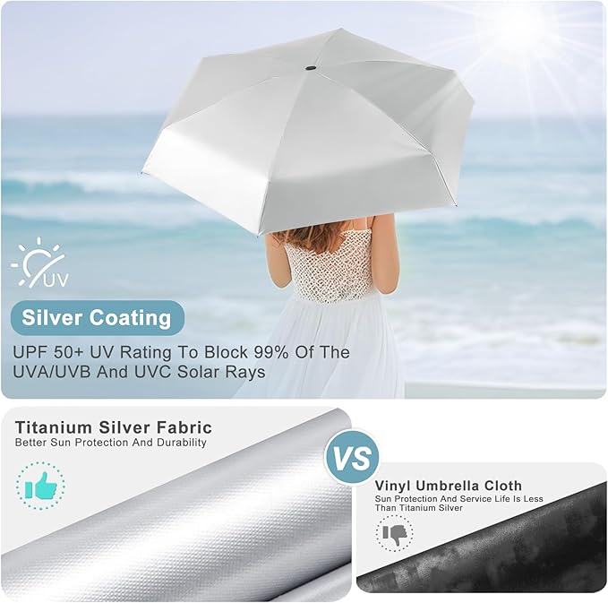 LEAGERA Mini Umbrella For Purse - UPF 50+ UV Blocker Sun Protection Umbrella, Small Micro Travel Parasol Design for Women, Purple
