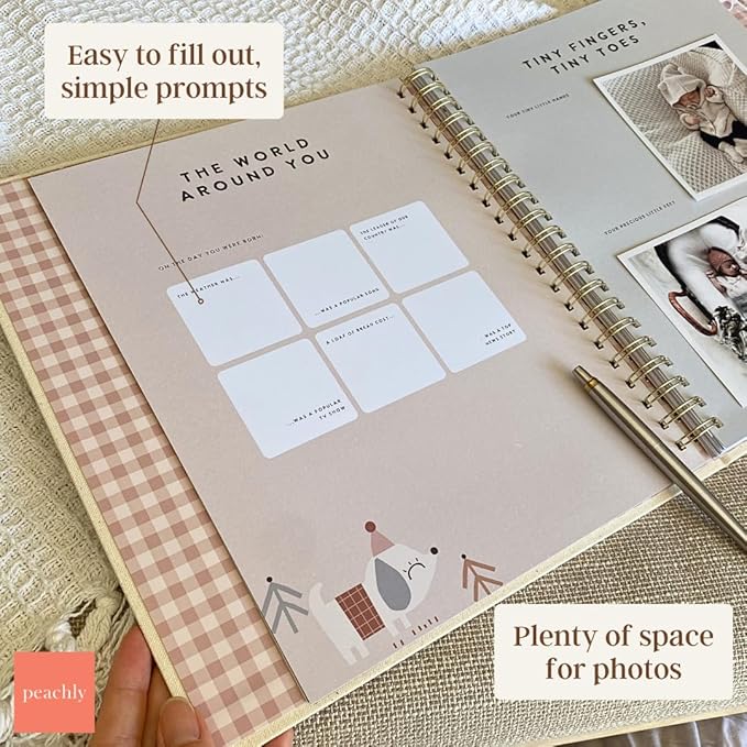 Peachly Unisex Baby Memory Book – Minimalist Baby First Year Keepsake for Milestones, Aesthetic Modern Scandi Baby Book – Gender Neutral, Linen Scrapbook (Charlie)