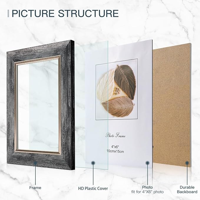 XUANLUO 4x6 Picture Frames Set of 4 Rustic Retro Photo Frame with HD Plastic Cover for Wall Mount and Tabletop Display Family Friends Wedding Gift