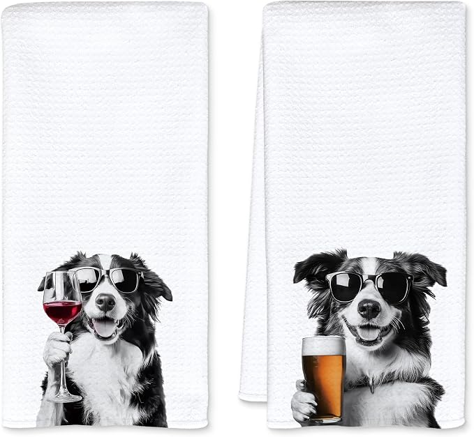 Funny Border Collie Kitchen Towels Set of 2, Funny Kitchen Decor, Wine Bar Decor, Black and White Border Collie Owner Gift Hand Towel, Dining Room Decorative Tea Towel Dish Towels 16x24 Inch