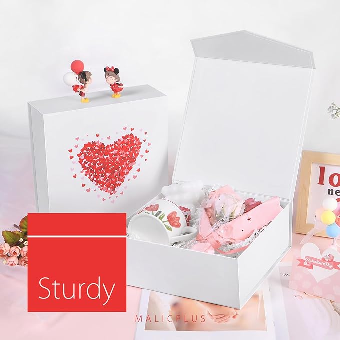 Gift Box with Lid 9x9x3.4 Inches, Heart for Mother's Day, Bridesmaid Proposal Box with Magnetic Closure for All Occasion