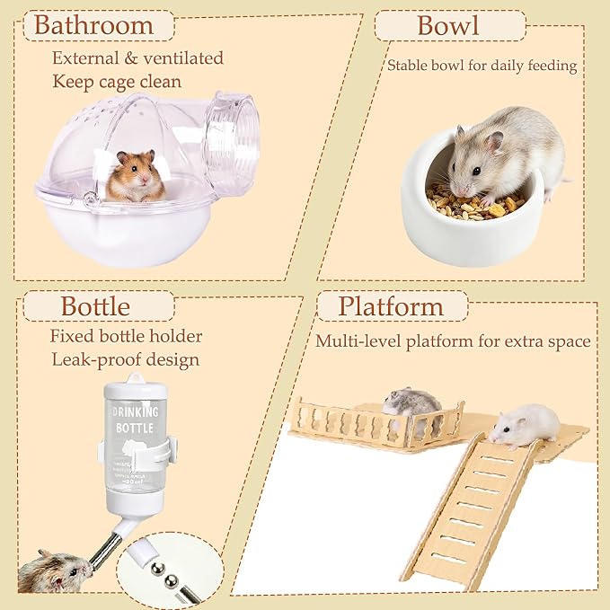 All in 1 Hamster Cage with Tunnel and 7 Accessories,Clear Acrylic Small Animal Habitat for Dwarf Hamster,Gerbil,Hedgehog(17.7"*11.8"*13.4")