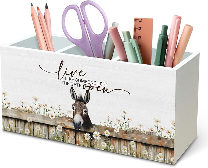 DILSJ Inspirational Donkey Pen Pencil Holder Organizer for Desk, Donkey Gifts for Women, Live Like Someone Left The Gate Open Wooden Box Signs for Home Office Desk Tabletop Decoration