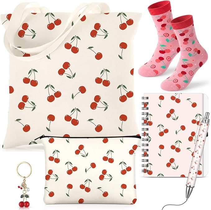 Talltalk 6 Pcs Cherry Gifts for Women Cherry Lover Gift Set, Socks Canvas Bag Makeup Bag Spiral Notebook Ballpoint Pen and Stainless Steel Keychain for Christmas Birthday Graduation Thanksgiving