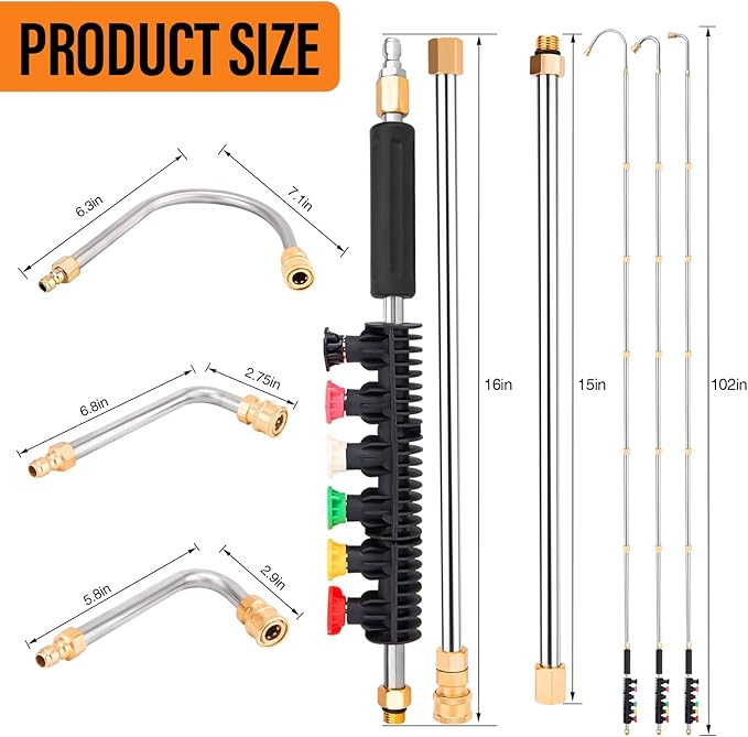 Pressure Washer Extension Wand, Power Washer Lance, Gutter Cleaning Tools for Pressure Washer with Spray Nozzle Tips, 30°, 90°, 120° Curved Rod, 1/4" Quick Connect, 4000 PSI