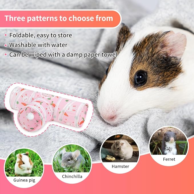 Rypet Guinea Pig Tunnel Hideout 3-Way Collapsible Pet Tubes, Carrot Pink | 3 Way Design for Exploration, Collapsible for Easy Storage, Built-in Play Ball, Hiding & Resting for Hamsters Ferrets