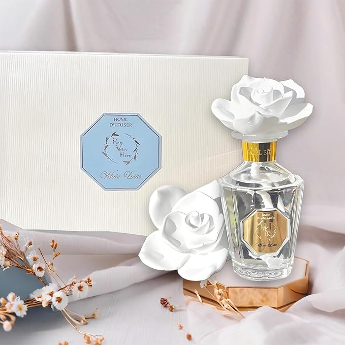 Reed Diffuser Set, Pretty Valley Home Diffuser Rose Petals Gypsum White Flower Oil 100Ml / 3.38fl OZ Gift Box for Bathroom Office Bathroom Living Room Decor (White Lotus)