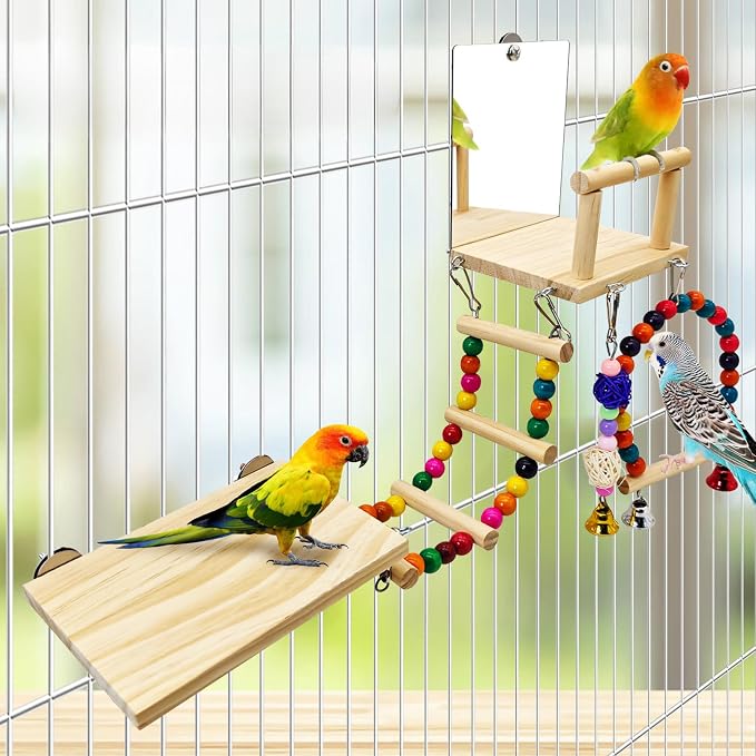 BNOSDM Bird Perch Platform with Mirror, Wooden Climbing Ladder for Parakeet, Small Bird Swing Toys with Hanging Chewing Balls Parrot Cage Accessories Budgie Playground for Cockatiel, Lovebird, Conure