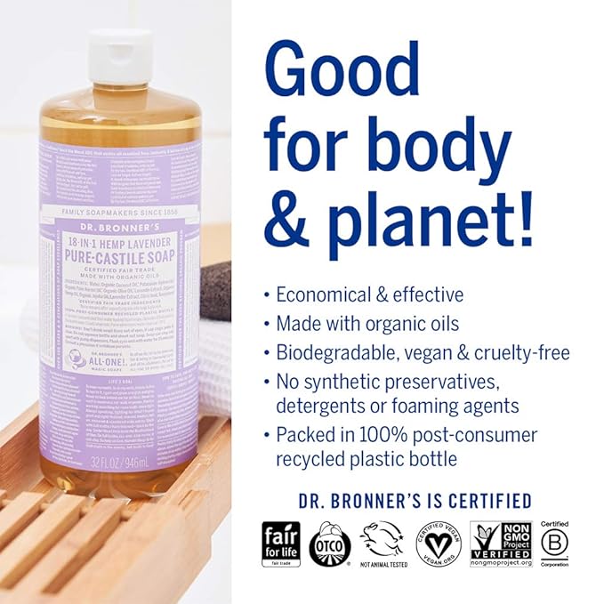 Dr. Bronner's Magic Soap - Pure-Castile Liquid Soap (Lavender, 32 ounce, 2-Pack) -Regenerative Organic Certified Oils, 18-in-1 Uses: Body, Hair, Laundry, Pets & Dishes, Concentrated, Vegan, Non-GMO