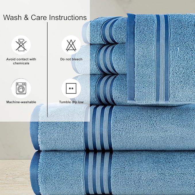 CASA COPENHAGEN Zero Twist, 6 Pieces Set 100% Cotton 0" Twist Towel Set- Dusty Blue, 600 GSM, 2 Bath, 2 Hand, 2 Washcloths Made from Egyptian Cotton, Ultra Soft Luxury Towels for Bathroom.