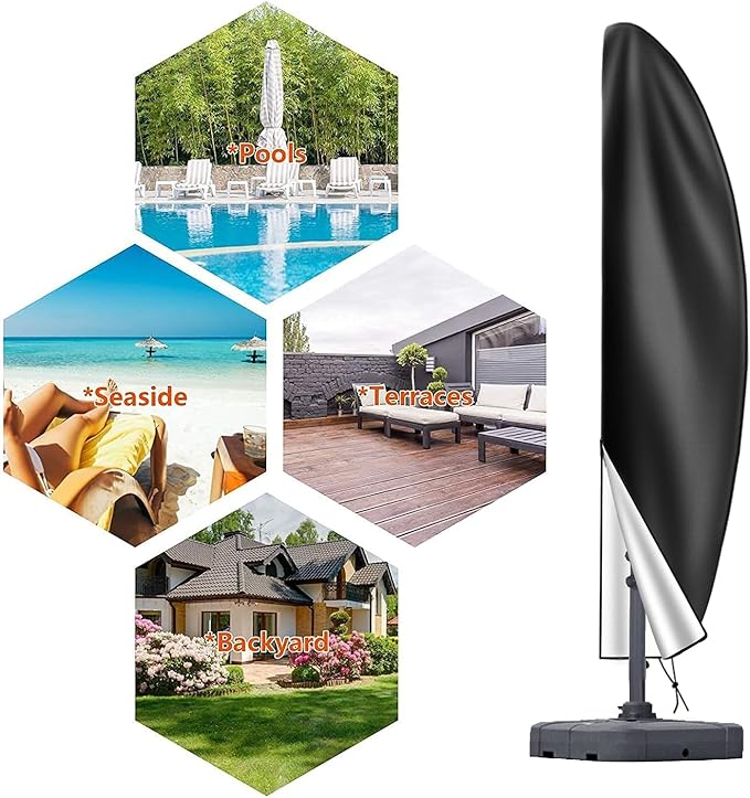 Patio Cantilever Umbrella Covers for Outdoor: Waterproof Offset Umbrella Cover Banana Style with Zipper fits 9FT to 14FT, Black