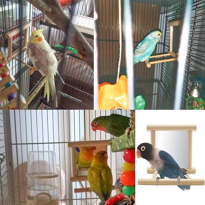 Bird Mirror Parakeet Mirror Perch Stand Wooden Swing Mirror Toy Cage Accessories for Cockatiel Parakeet Budgie Lovebird Small Parrots