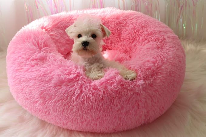 Dog Bed for Small Dogs & Cats, 24 Inch Medium Fluffy Washable Donut Bed | Plush Puppy Bed and Cat Bed for Pets up to 25 lb, High-Loft Polyester Fill with Water-Resistant Non-Skid Base for Indoor Use