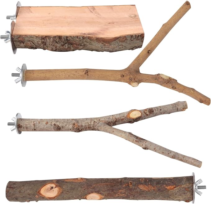 4 Pack Large Natural Wood Bird Perch Stand with Platform for Cage