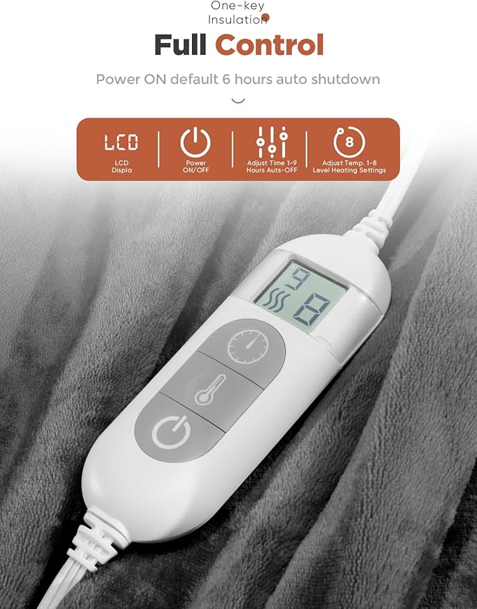Heated Throw Blanket with 1-9 hrs Timer Auto-Off & 8 Heating Levels，Flannel Electric Blanket Throw ETL Certification，Machine Washable Full Body Warming Blankets