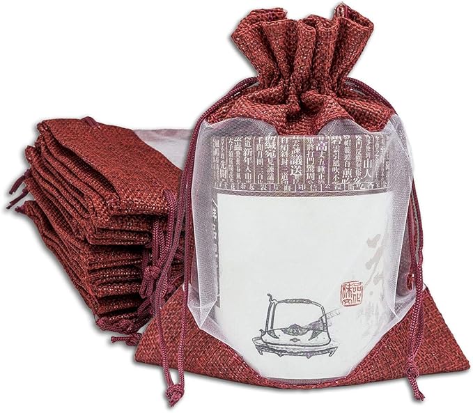 12-Pack Medium Linen Burlap & Organza Gift Bags w. Drawstrings (5x7 in, Maroon) - Party Favors, Presents, Samples & Treats Mesh Pouch by The Display Guys