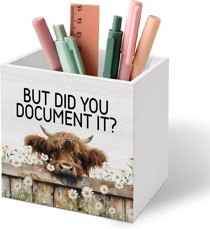 DILSJ Funny Office Highland Cow 1 Compartment Pen Pencil Holder for Desk | Sarcastic Work Gifts, But Did You Document It Farm Animal Wooden Box Signs Organizer for Home Office Desk Tabletop Decoration