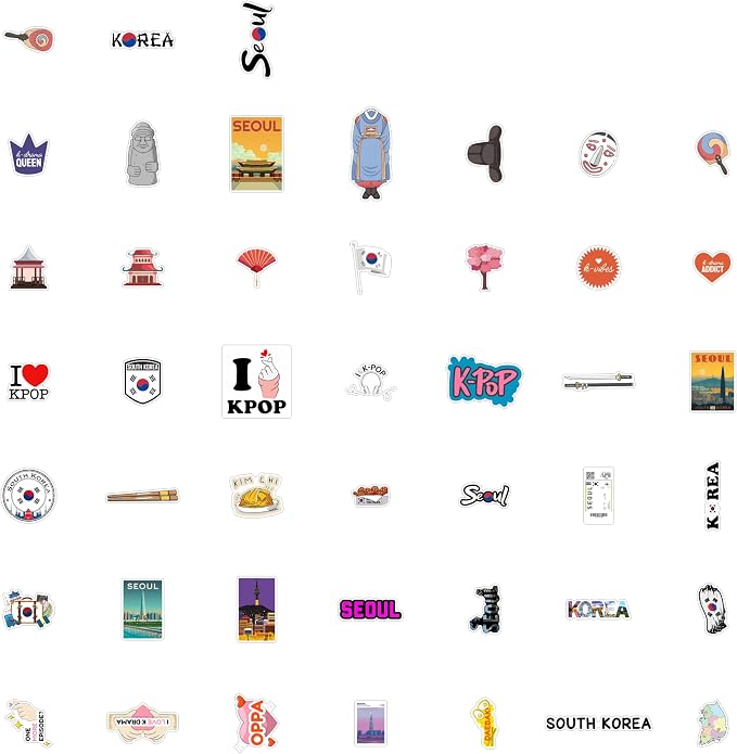 South Korea Stickers, Korean Stickers for Water Bottle & Laptop - South Korea Party Supplies & Decorations, Waterproof Vinyl Decals, Gifts for Women & Men