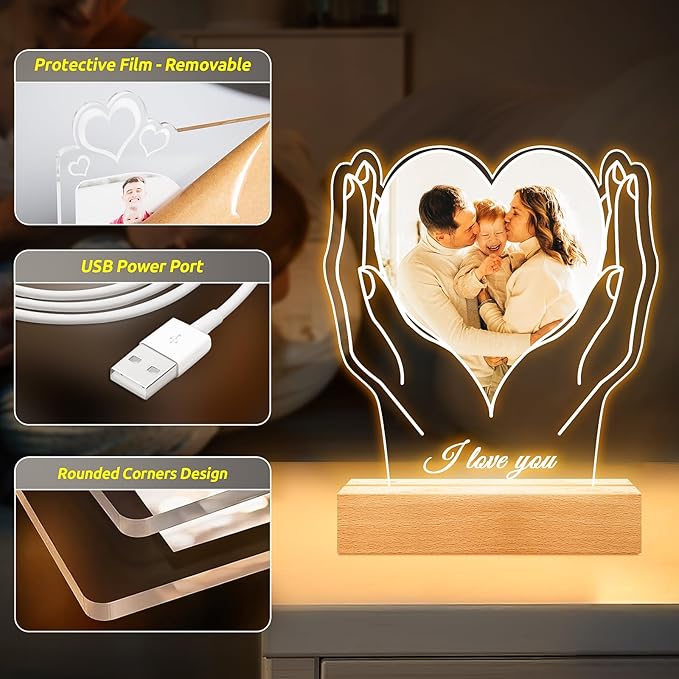 Custom Picture Frames with Photo, Customized Photo Frame with Night Light, Personalized Picture Frame, Customized Christmas Birthday Gifts for Women Men Mom Dad Baby Kids Grandma Grandpa Family