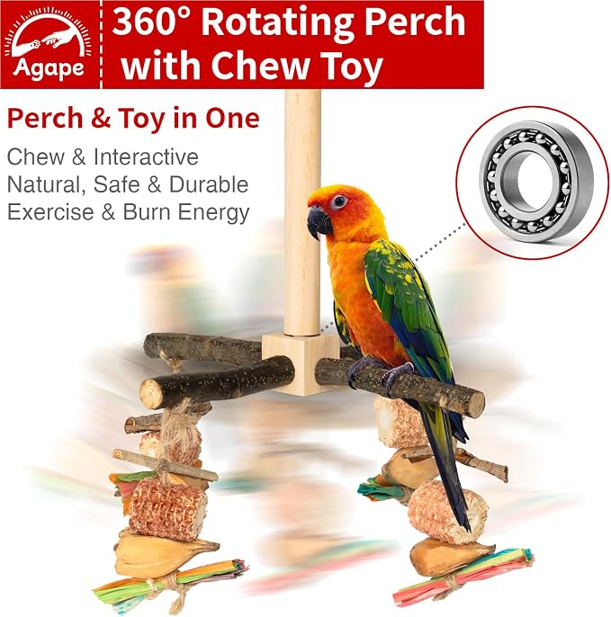 Agape Rotating Parrot Perch with Chew Toy, Wooden Stand for Small Birds | Natural Bird Cage Accessory for Parakeets, Cockatiels, Lovebirds, Conures, Budgies, Helps Reduce Boredom & Encourage Exercise