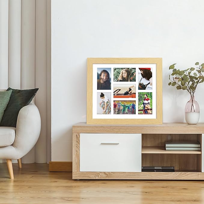 13.5x15.5 Picture Frame Display 7 opening 4X6 Picture Frame Collage,Multi Photo Frame with Mat,Plexiglass,Wall or Tabletop Decor,Natural Wood Grain