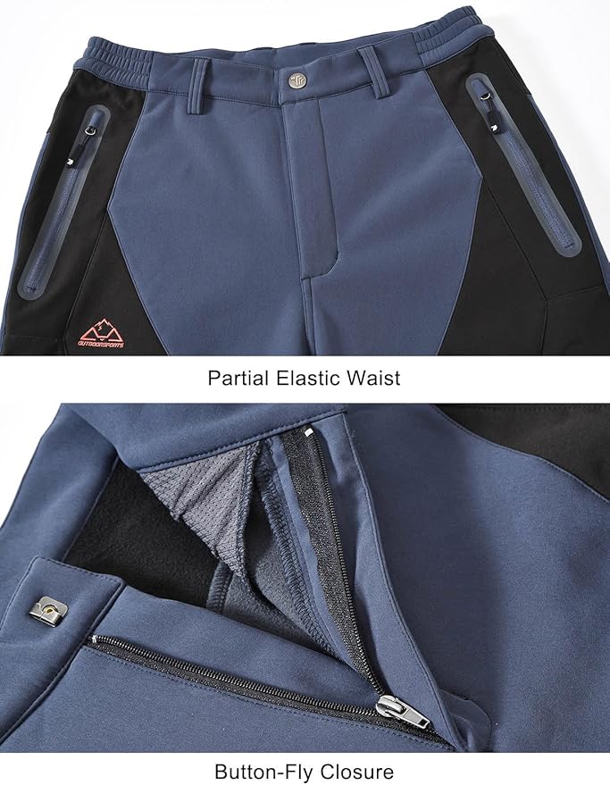 TBMPOY Men's Snow Pants Fleece Lined Hiking Winter Waterproof Softshell Ski Outdoor Insulated Climbing Pants Zipper Pockets