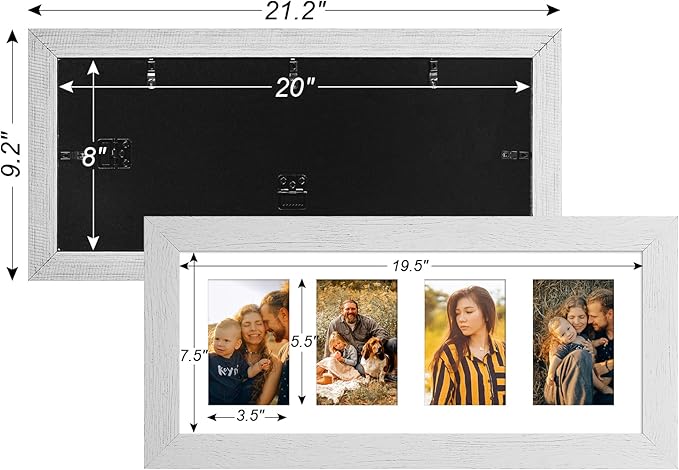 8x20 Picture Frame Display 4 opening 4X6 Picture Frame Collage,Multi Photo Frame with Mat,Plexiglass,Wall or Tabletop Decor,Distressed White Wood Grain