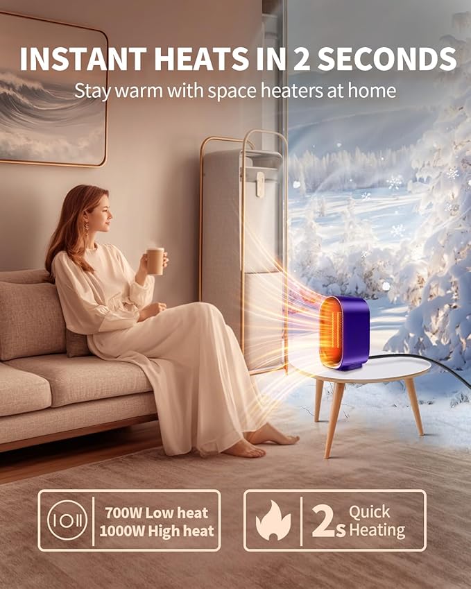 Space Heater, Portable Small Heaters for Indoor Use, Electric Desk Heater with Overheat and Tip-Over Protection, Mini Personal Heaters for Home Office Workspace