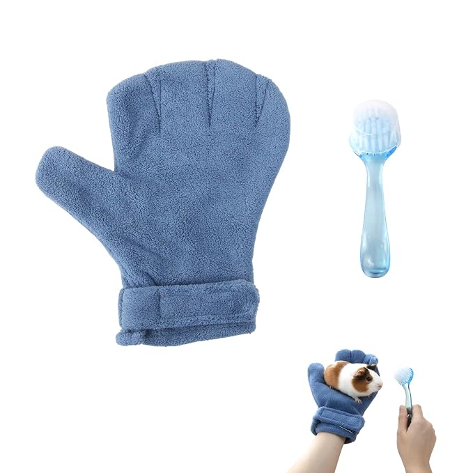 1 Pcs Hamster Bite Proof Glove and Grooming Brush Set, Adjustable Hamster Glove, Lid Soft Cleansing Brush Massage Combs, Guinea Pig Brush, Hamster Care Set for Hamsters, Ferrets, Hedgehogs (Blue)