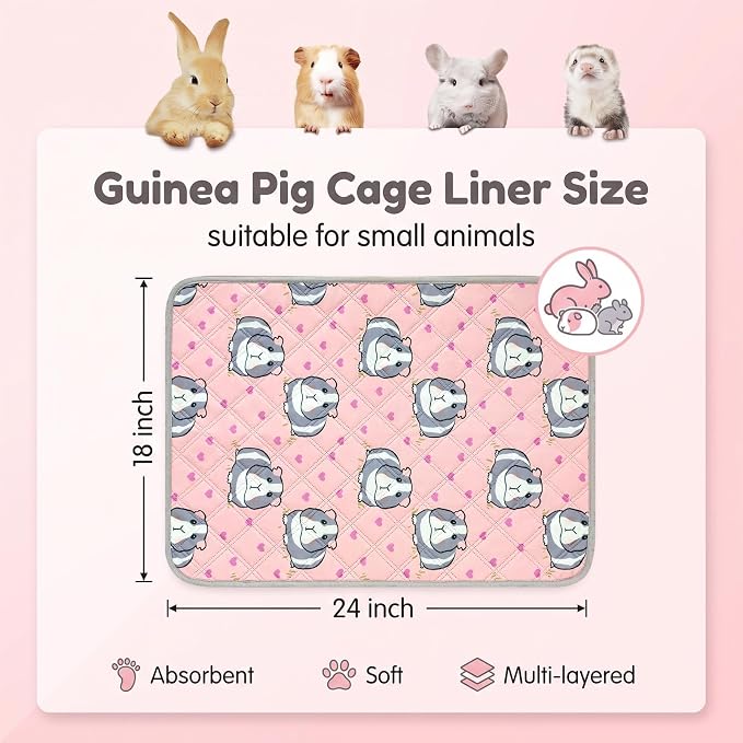2 Pcs Guinea Pig Cage Liner,24" x 18" Washable Pee Pads for Rabbit Hamster | Guinea pig mat,non slip,reusable,washable,absorbent,leakproof,suit for small animals puppy bunny chinchilla rat for bed train