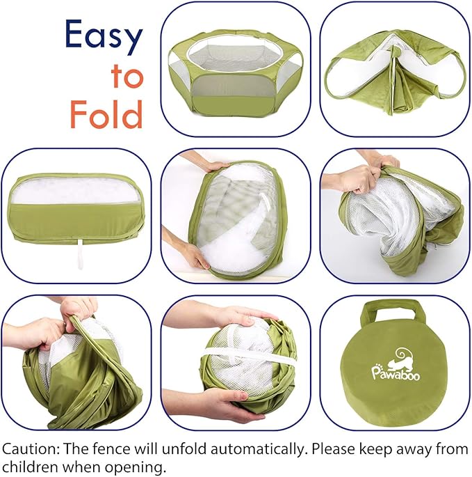 Pawaboo Small Animal Playpen with Zippered Cover,Green | Portable pop-up pet tent for supervised rabbits, guinea pigs, chicks and kittens; water-resistant bottom and 3 metal rods