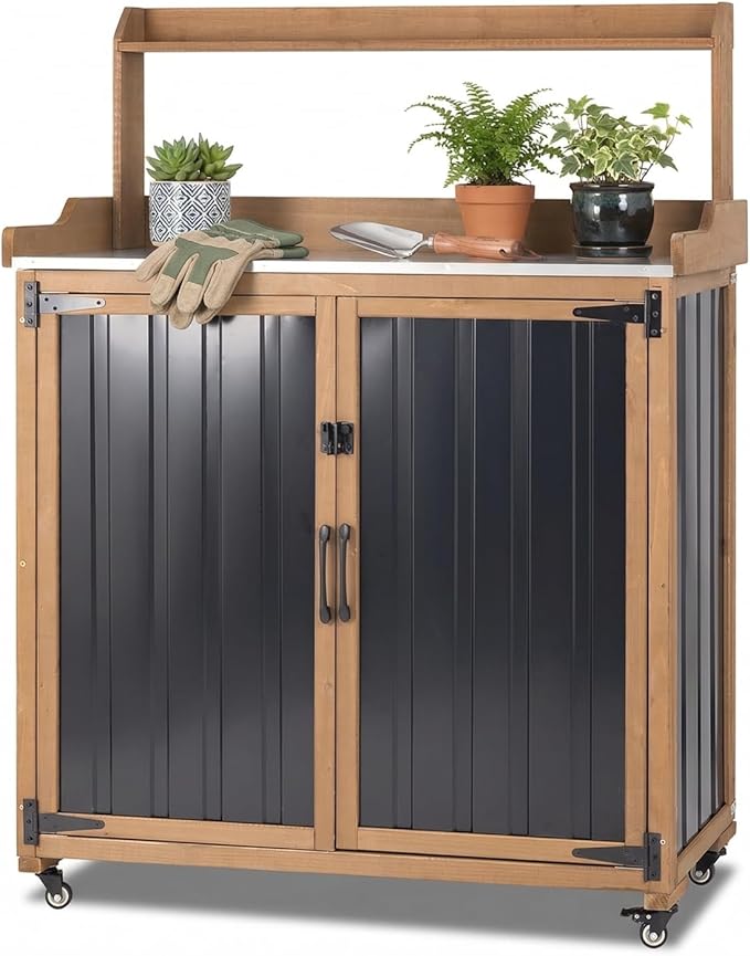 Ketive Outdoor Potting Bench with Storage, Potting Table with Metal Top, Garden Workstation Cabinet with Shelf, Rolling Outdoor Work Table for Backyard Patio Gardening