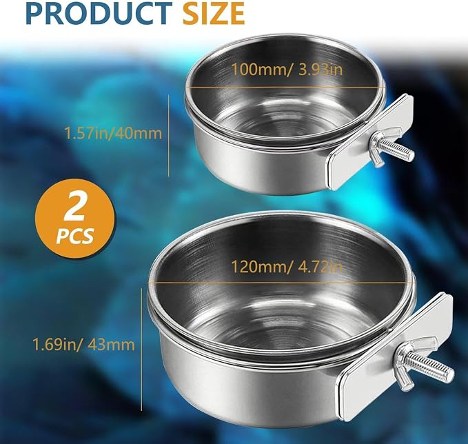 2Pcs Stainless Steel Bird Feeding Bowls, Parrot Food Water Feeder Cage Cup Holder Dia 3.93",4.72"