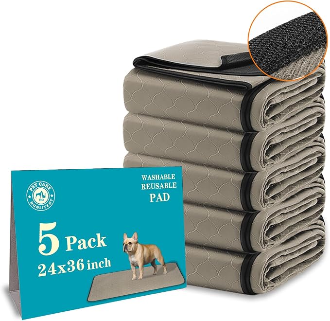 Bunlitent Washable Pee Pads for Dogs 24" x 36", 5 Pack, Brown | Reusable, Quick Dry, Anti-Slip, Waterproof, Reusable Puppy Pads, Whelping Pads, For Training, Playpen, Incontinence