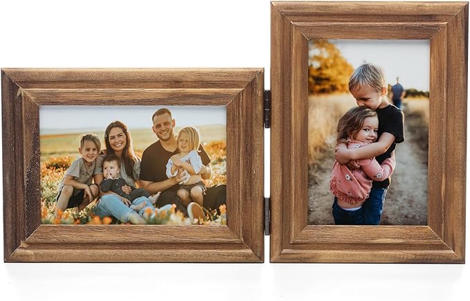 Horizontal & Verticall 4X6 Picture Frames Double Hinged Wood Folding Photo Frames with Real Glass Front Fit for Desktop or Tabletop, Wood Grain XZON-H64-V46