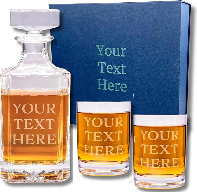 Gifts Inscribed Custom Text Whiskey Decanter & Glasses Set of 2 – Engraved Glass Cups Drinking Glasses Set of 2 – Personalized Whiskey Drinking Set – Customized Whisky Glassware Gift for Him