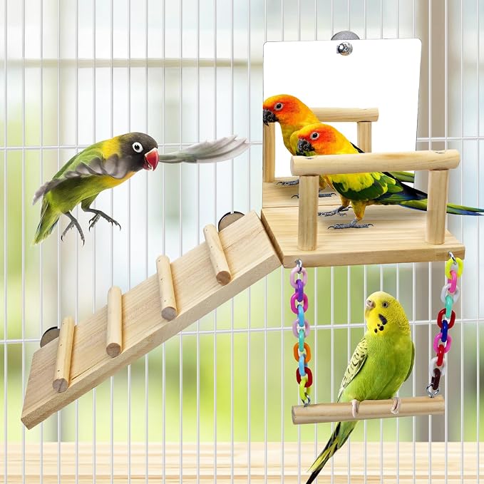 BNOSDM Bird Perch Platform with Mirror, Wooden Climbing Ladder for Parakeet, Small Bird Swing Toys Parrot Cage Accessories Budgie Playground for Cockatiel, Lovebirds, Conures, Finch