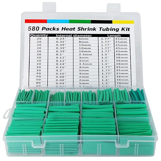 ASHINER Green Heat Shrink Tubing Kit - 580Pcs EVA Material in 11 Sizes - Ideal for Electrical Insulation, Repairs, and Wire Connectors with User-Friendly Design and Storage Case