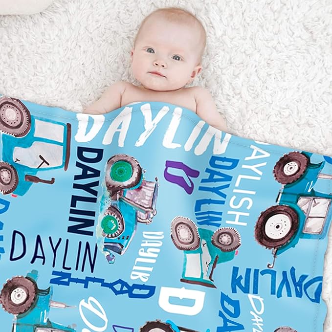 Personalized Tractors Blanket - Custom Name with Farm Tractor Trucks Design - Soft Plush Flannel Bed Blanket for Baby Kid Teen Boys Girls Customized Gifts Light Blue