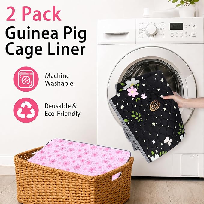 Guinea Pig Cage Liner 2 Pack Super Absorbent Washable Guinea Pig Pee Pads Waterproof Reusable Anti Slip Bedding Pee Pad Mat for Rabbit Bunny Rat Cat (Flowers, 28" x 14" (2 Pack))