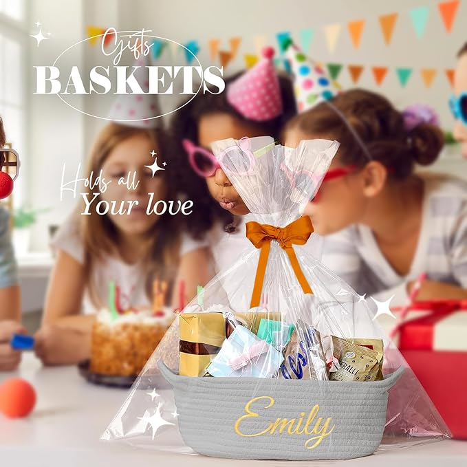 HUTARIO Personalized Woven Basket Embroidered Name with Gift Bags and Ribbons,Empty Small Rope Basket，Durable Storage Custom Grey Basket with Handles for Baby Showers or Christmas,12"×8"×5"