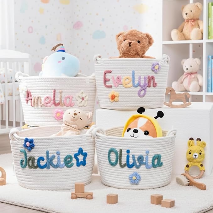 Personalized Baby Shower Basket with Name - Custom Christmas Gift Basket - Newborn Baby Gift Basket, Children's Toy Storage Box, Rope Cotton Bag, Nursery Storage, Small Diaper Caddy Organizer