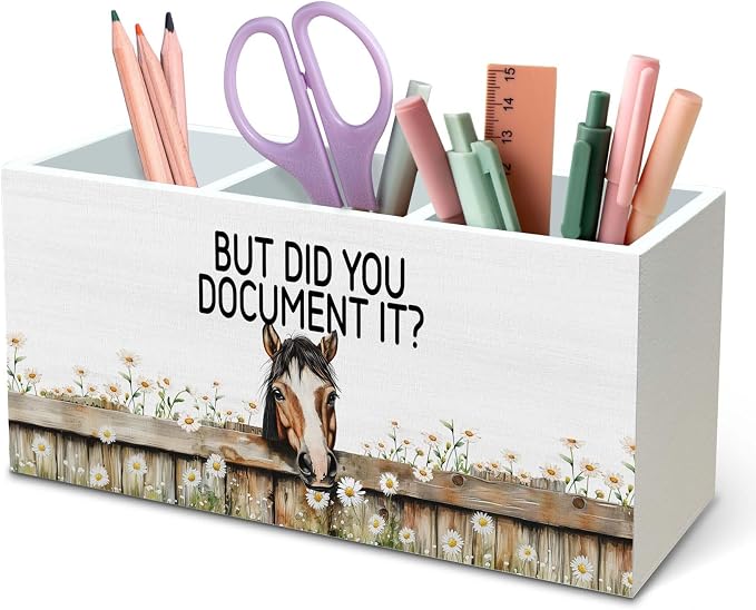 DILSJ Inspirational Horse Pen Pencil Holder Organizer for Desk, Horse Gifts for Women, But Did You Document It Wooden Box Signs for Home Office Desk Tabletop Decoration