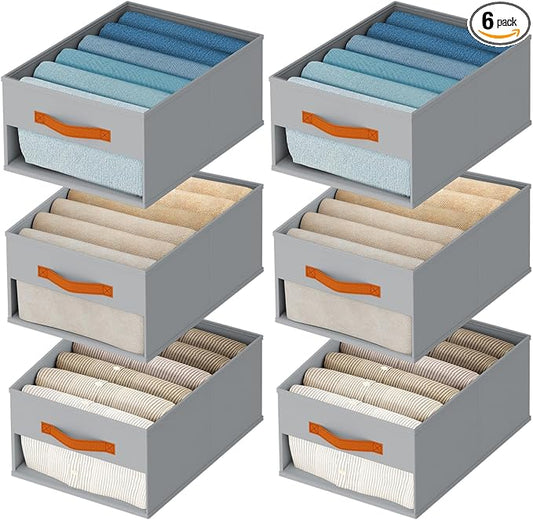 Drawer Organizers and Storage - 6 Pack Foldable Pants Organizer with Clear Window & Handles, Fabric Closet Organizer for Clothes, Jeans, Sweaters, Towels, T-shirt, Scarf (Grey)