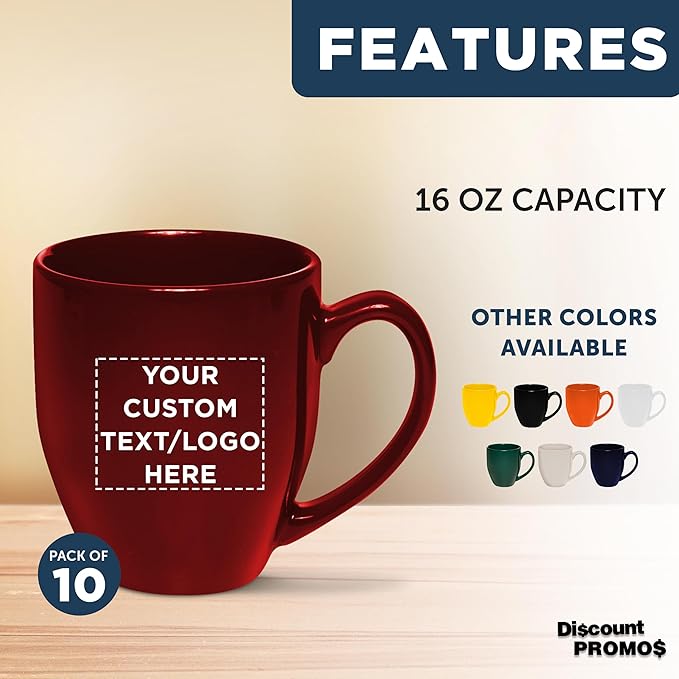 Custom Large Coffee Cups 16 oz. Set of 10, Personalized Bulk Pack - Perfect for Tea, Espresso, Cappuccino, Hot Cocoa - Maroon
