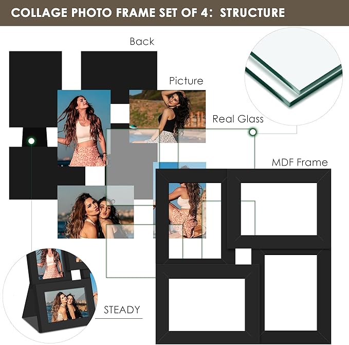 3.5x5 Picture Frame Tempered Glass Front Displays Four 3.5 x 5 Photos Frame Display for Tabletop and Wall Hanging Picture Frame Black