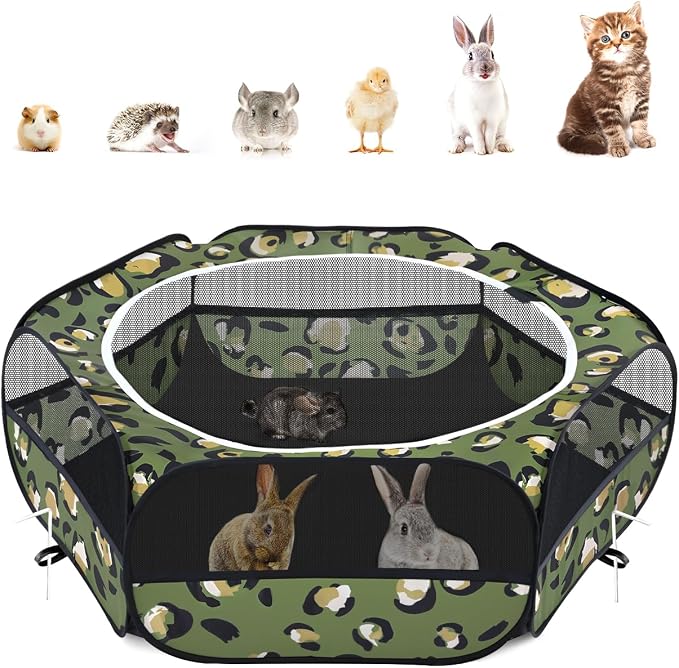 Pawaboo Small Animal Playpen with Zippered Cover, Leopard Print | Portable pop-up pet tent for supervised rabbits, guinea pigs, chicks and kittens; water-resistant bottom and 3 metal rods