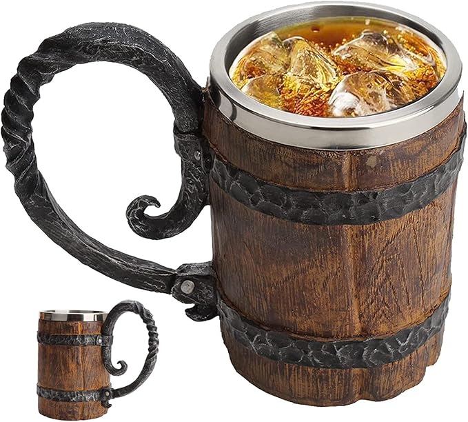 Wooden Beer Mug Beer Barrel, Large Viking Cup Wood Style Beer Mug Tankard with Handle, Antique gifts for Men Bar Restaurant Vintage Bar Accessories(18.60oz/550ml)