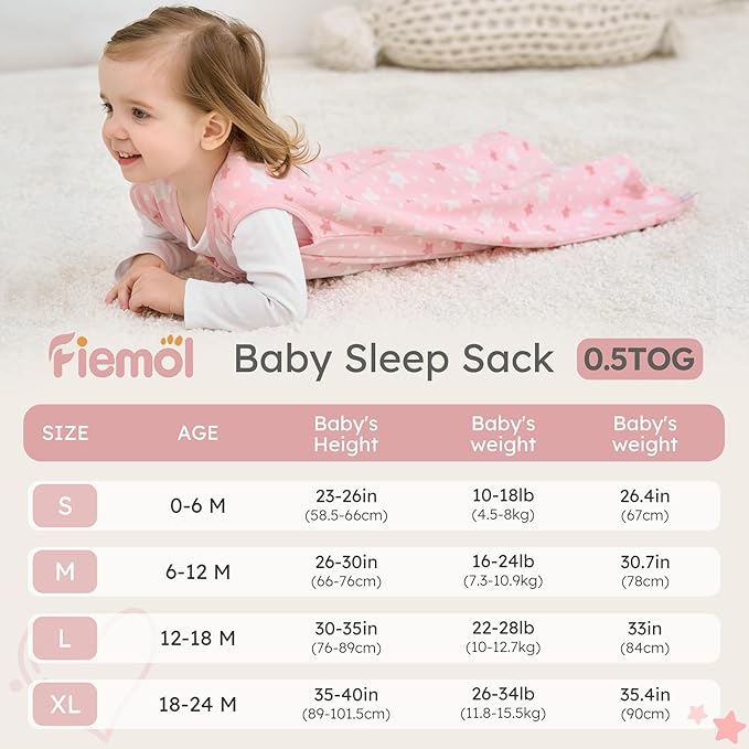 Baby Sleep Sack 12-18 months, 100% Cotton Sleeping Sack for Newborn and Infant, 3 Pack Baby Wearable Blanket for Boy and Girl, 0.5 Tog Lightweight Double Zipper Sleep Bag Pink Heart
