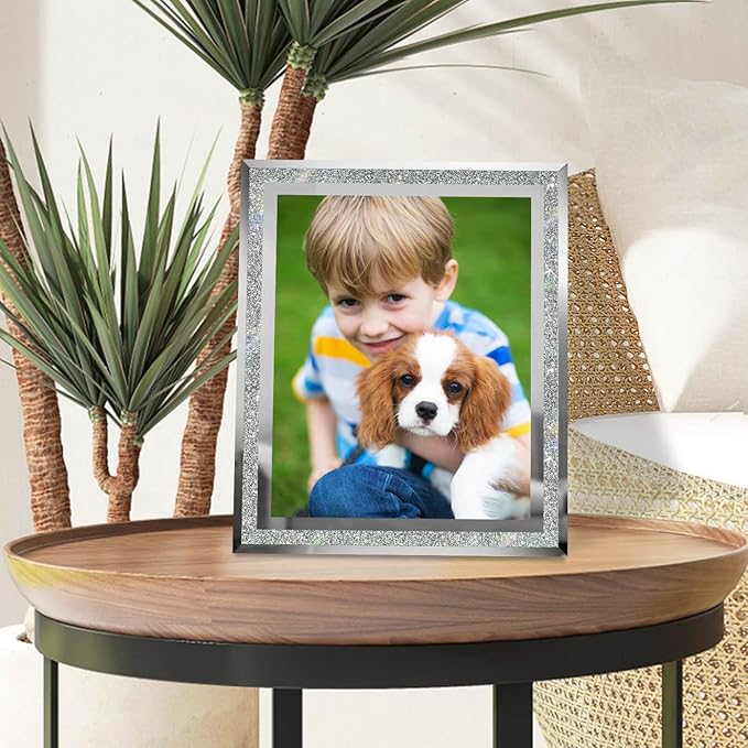 8x10 Picture Frames Silver - Set of 4, Sparkle Real Glass 8 by 10 Photo Frame Mirrored Edge Great Gift, for Tabletop Display, Wedding Birthday Christmas Day Gifts (8 x 10, Glitter Silver)